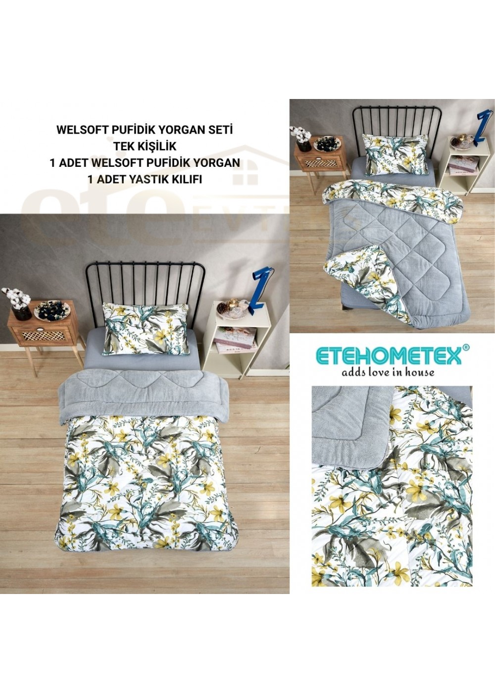 ETE HOMETEX TEK KİŞİLİK LÜX WELSOFT YORGAN SETİ ASYA GRİ 155X215CM 8696474231887